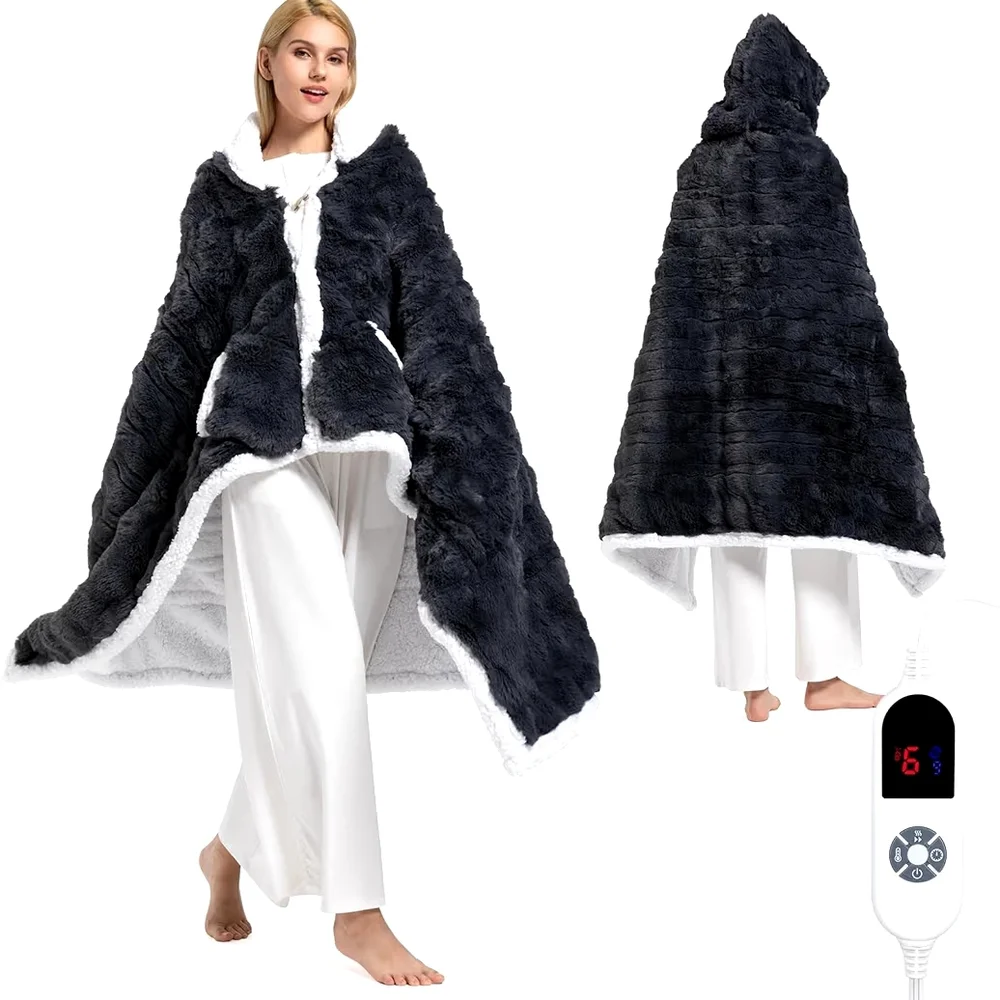 Heated Plush Hooded Wearable Blanket - Black with White Trim - Picture 1 of 4